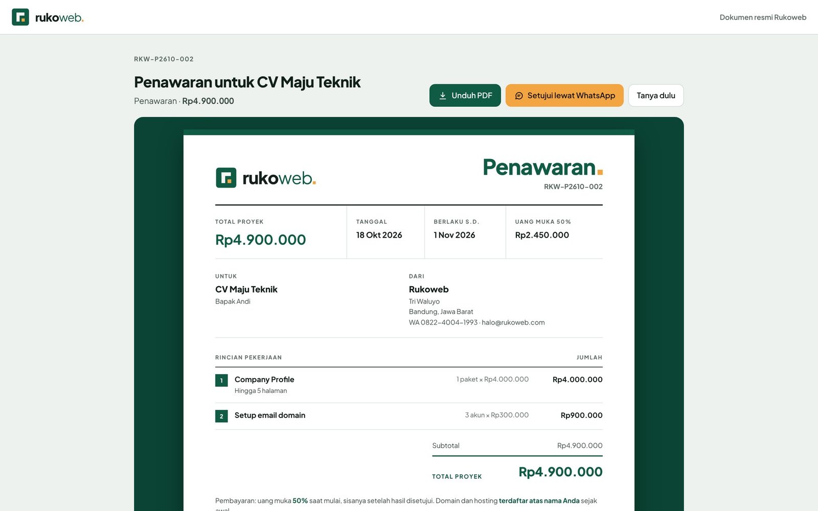 Halaman penawaran yang diterima klien dari Nota Rukoweb, dengan tombol unduh PDF dan setujui lewat WhatsApp